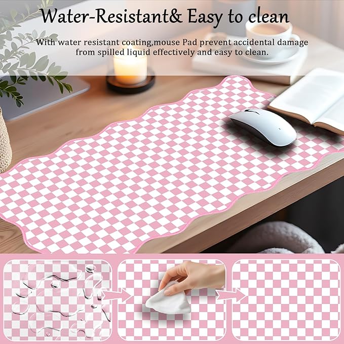 Scalloped Desk Mat Extended Large Cute Pink Mouse Pad Farmhouse Desk Pad XXL Aesthetic Plaid Mousepad Checkered Gaming Mouse Pad for Keyboard Computer Laptop Home Office Accessories Girl 35.4X15.7Inch
