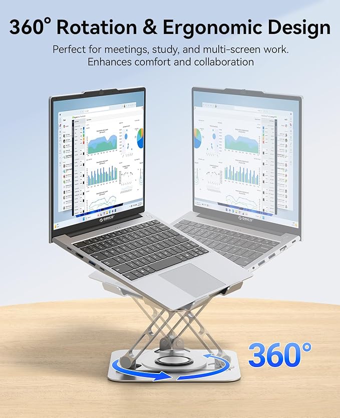 ORICO Adjustable Laptop Stand for Desk, 360° Rotating Base, Foldable Aluminum Alloy Computer Stand with Ventilated Design, Compatible with MacBook Neo/Air/Pro, Dell, XPS, HP up to 17'' - ST12, Silver