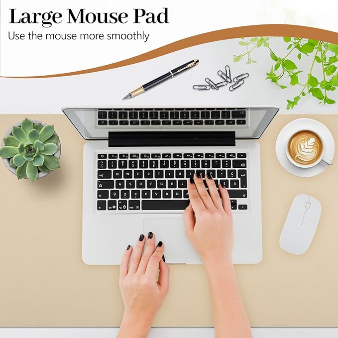 Beige Leather Desk Mat Large Mouse Pad, Waterproof Desk Pad for Keyboard and Mouse, Non-Slip Computer Desk Protector, Smooth Mouse Movement Desk Mat for Home and Office(35.4"×17")