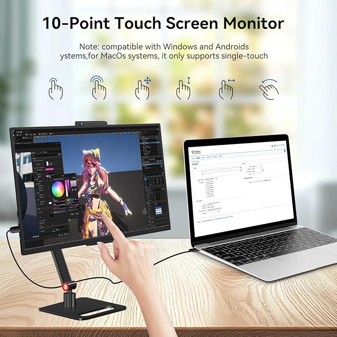 Touchscreen Portable Monitor, 14 Inch 1200P Ultra-Slim Lightweight Bezel Less HDR FHD IPS Touchscreen Display, Travel Monitor with Stand and Speakers, HDMI USB-C External Screen for Laptops and PC
