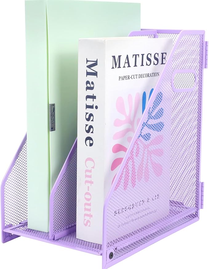 Desk Organizers Metal Magazine File Holder Racks Desktop Folder Storage Binder Organiser Document Organization for Home Office & Classroom,2 Vertical Compartments-Purple