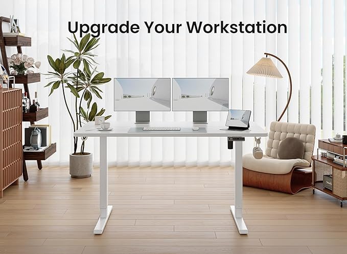 BANTI 63 × 28 Inches Standing Desk, Ergonomic, Electric Height Adjustable, Sit and Stand Up, Computer Office Desk with Splice Board, White Frame/White Top