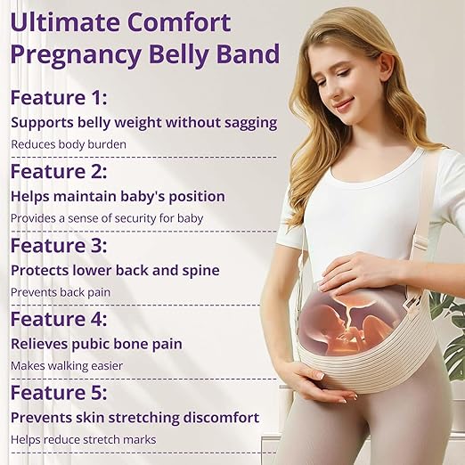 Maternity Belly Band with Back Support – Over-the-Shoulder Pregnancy Support Belt with Lumbar Support, Breathable Mesh Design, Strong Adjustable Hook & Loop Straps, No Digging Comfort for All-Day Wear (Beige-Pro, Medium（121-160LB）)