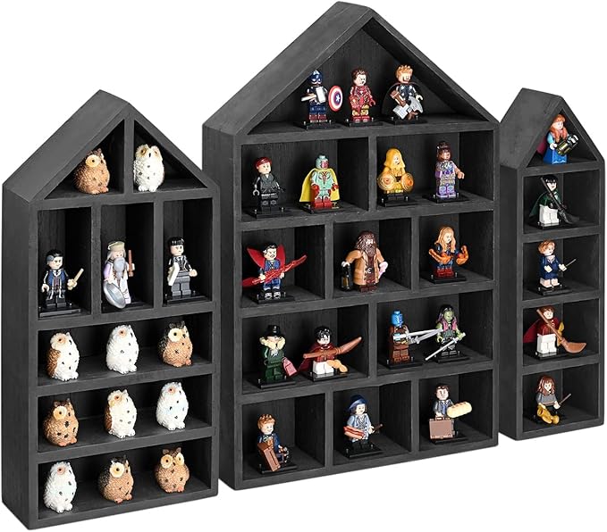 Ikee Design House-Shaped Wooden Shadow Cubby Box Display Shelf Organizer Storage Shadow Box for Mini Figures, Set of 3, 10 W x 2 1/4 D x 15 H in, Black Color