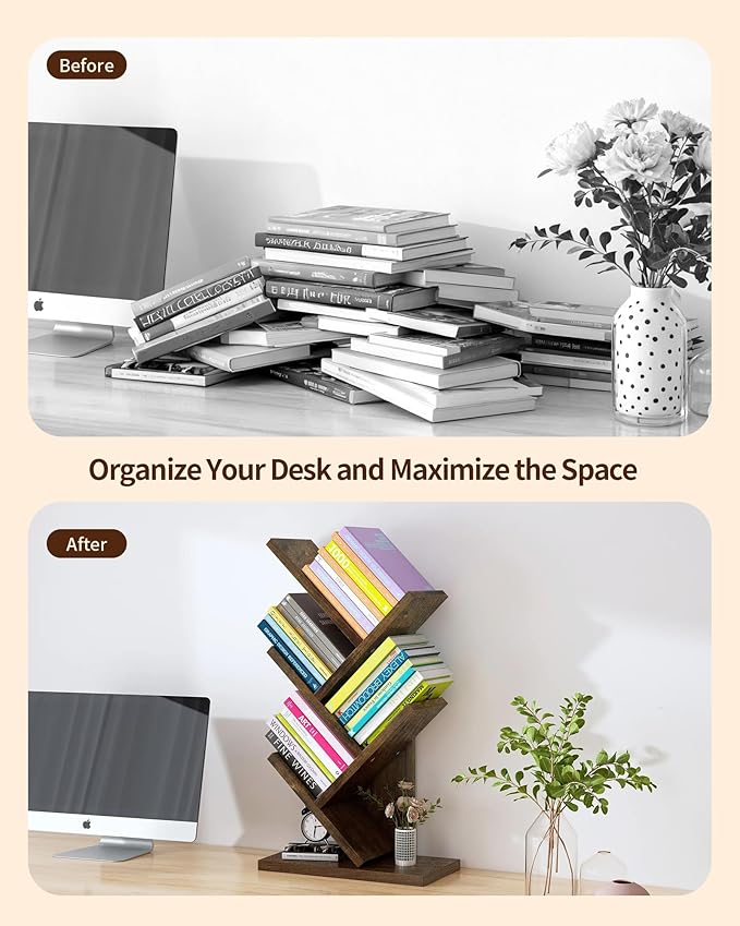 Godferyxin Bookshelf with Liting,Small Bookcase LED and Desktop Book Shelf for Office, Home or School Small Bookshelf for Wood Displaying Books, CDs, Magazines Wood Book Rack-Mini Bookcase