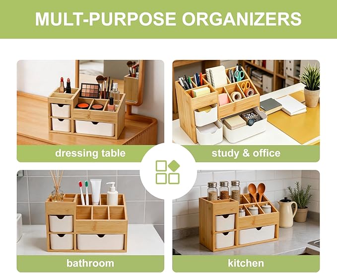 Bamboo Desktop Organizer 8 Compartment Cosmetic & Jewelry Holder with 3 Drawers, Vanity Storage Box for Skincare, Accessories & Beauty Products Display with Adjustable Dividers No Assembly Required