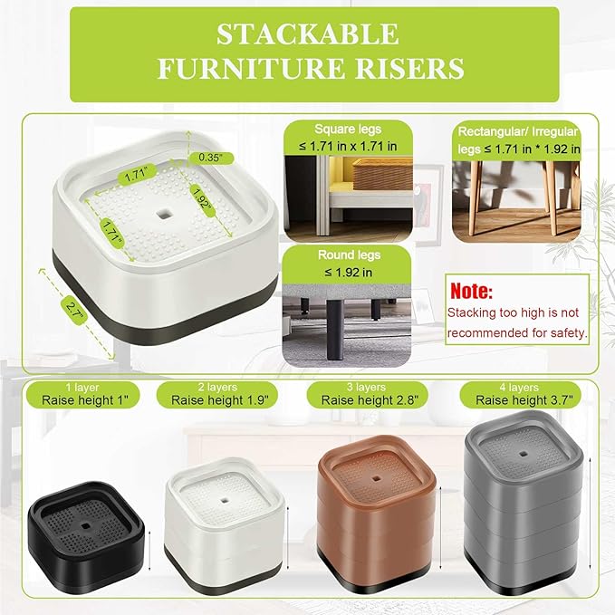 6 Pack Furniture Risers 1 Inch, Adjustable Bed Risers Heavy Duty for Table Desk Couch Chair Sofa Cabinet Bed Legs Dorm, Square Stackable Bed Raisers Blocks Lift Height 1", 2" or 3", White