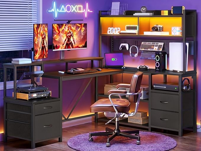 RALGEND 75" L Shaped Gaming Desk with Hutch, L Shaped Desk with Drawers, LED Light, Power Outlets & Pegboard, Corner Desk with Storage Shelves & Monitor Stand for Home Office, Black