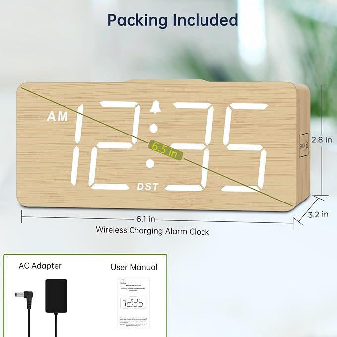 DreamSky Wooden Digital Alarm Clock with Wireless Charging for Bedroom, Bedside Nightstand Clock with Charger Station, USB Port, Large Numbers, Adjustable Volume, Brightness Dimmer, DST