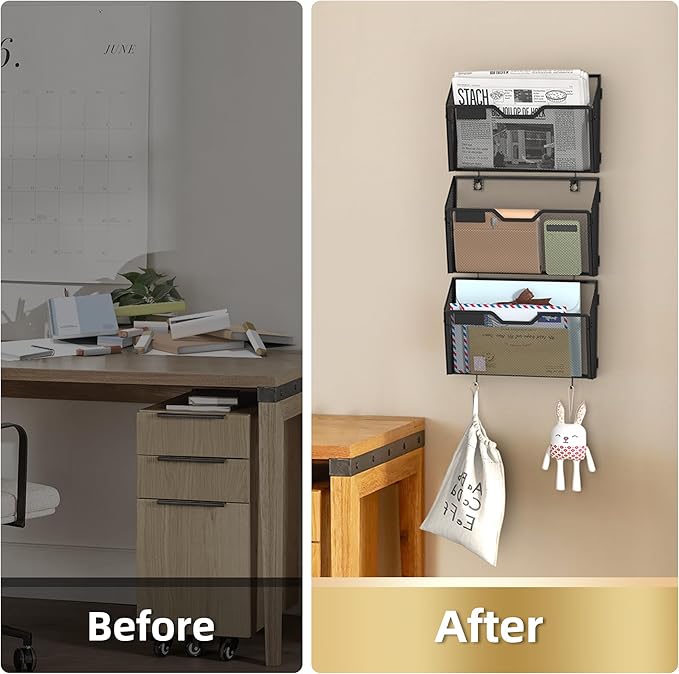 Docnest 3 Pack Metal Mesh Wall File Holder, Hanging Document Organizer with Hooks, Wall Mounted Mail Sorter for Office Home School, Black