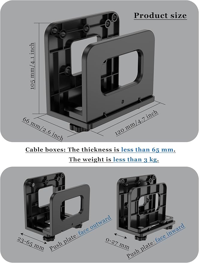 Adjustable Wall Mount Shelf Holder for Mini pc, WiFi Router, Modem, Universal Cable Box Mount Fit for Mac mini, TV Box, Media Players and Other Devices with Thickness Up to 65 mm (Black)