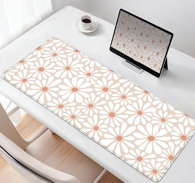Cute Large Mouse Pad for Desk, Beige Flower Desk Pad for Computer Keyboard Laptop, Daisy Boho Big Mousepad, Non-Slip Base Floral Desktop Mat for Home Office, 31.5 x 11.8 inches
