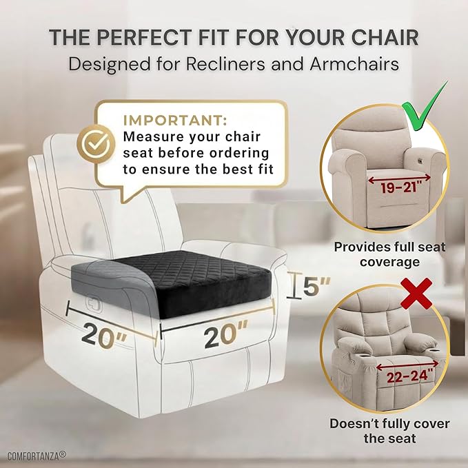 Soft 20x20x5 Memory Foam Recliner Chair Seat Cushion for Long Sitting - Armchair Pad with Washable Velvety Cover with Waterproof Layer & Non-Slip Base for Seniors & Elderly - Black
