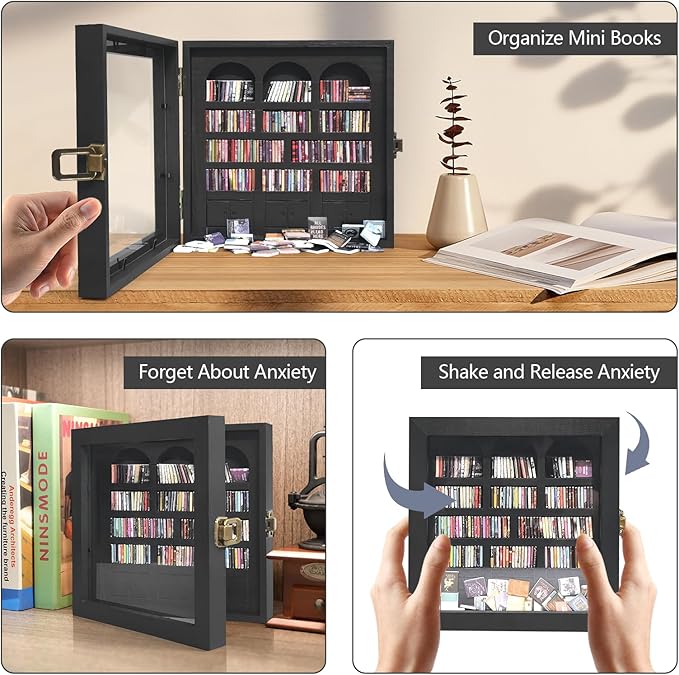 Anxiety Bookshelf Mini Books Display for Stress Relief and Fun Decor, Perfect Decorative Miniature Library for Book Lovers, Ideal for Home Decor, Office Decor, and Thoughtful Gift - Black