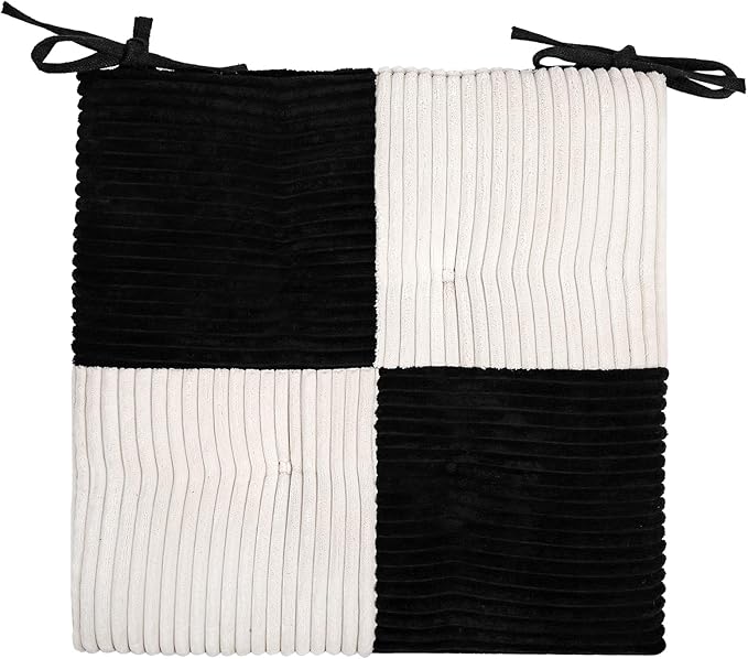 Office Stacking Chair Cushion with Ties, Corduroy High Density Foam Non-Slip Kitchen Seat Cushion, Square 17" x 17" Indoor Dining Chair Pads, Black+ White, 1 PCS
