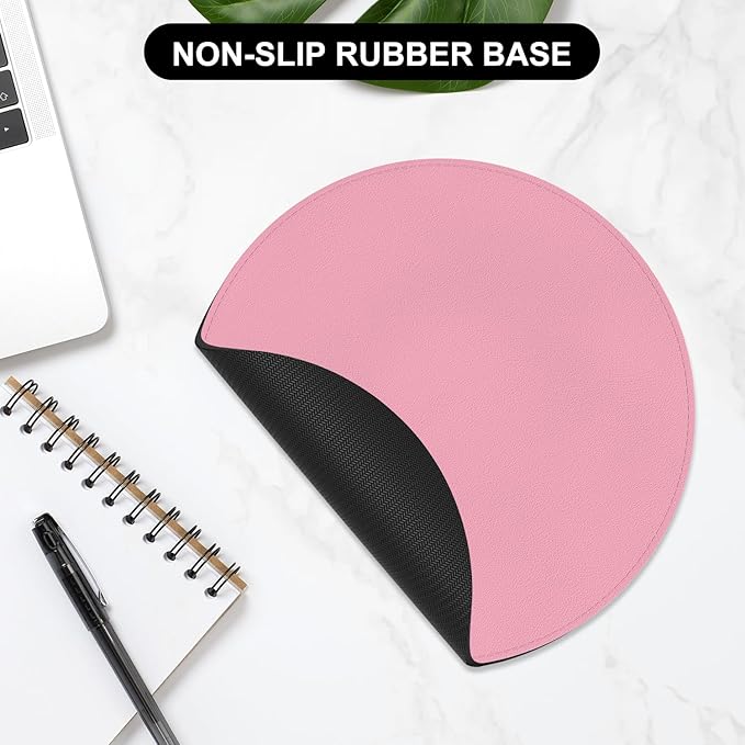 Leather Mouse Pad, Office Mouse Mat Non-Slip Rubber Base Stitched Edge Washable Waterproof Round Mousepad for Office Gaming PC Laptop, Round Diameter 8.7 inches, Pink