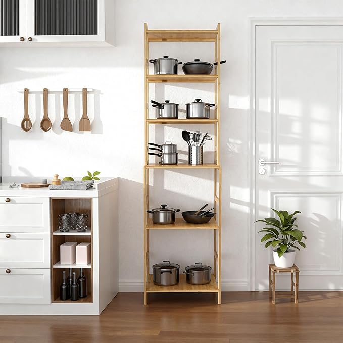 Bamboo Living Room Bookcases, 6 Tier Standing Ladder Shelf Bookshelf, Multifunctional Narrow Shelving Unit Storage Rack for Garage, kitchen, Office, Bookroom, Corner, 42 x 30 x 160 cm