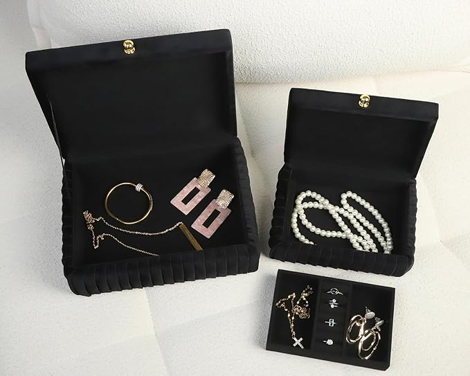 HofferRuffer Velvet Decorative Boxes, Jewelry Boxes Storage Accessory Organizer Boxes with Elegant Handle Decor, Classic Velvet Set of 2 Pieces (Black Velvet)