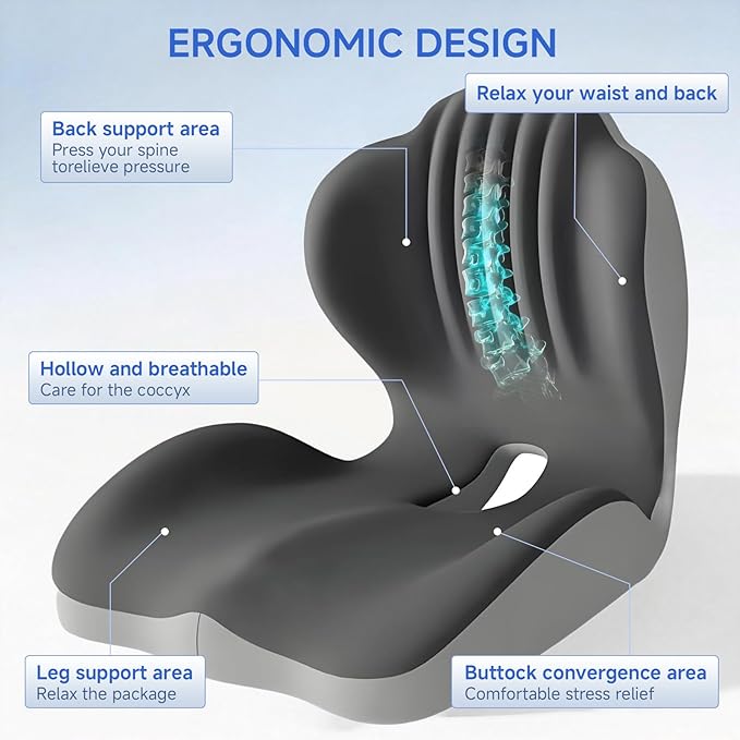 Ergonomic Car Seat Cushion with Lumbar Support, Pressure-Responsive Memory Foam, Enhanced Pelvic Stability for Pressure Relief, Ideal for Long Driving, Office & Home (Gray)