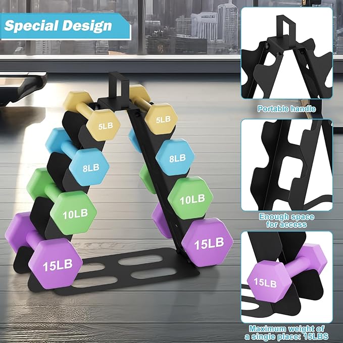 Dumbbell Rack 4 tier(Dumbbells not included), A-Frame Black Metal Dumbbell Holder with Handle, Multilevel Weight Storage Organizer for Dumbbells, Tree Shape Compact Weight Rack/Holder