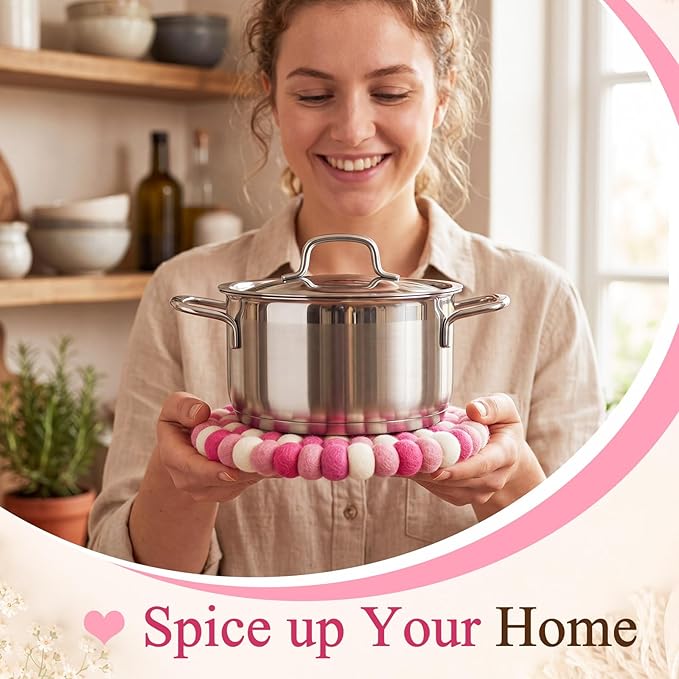 Lallisa 2 Pieces Felt Ball Trivet Round Felt Ball Coasters Handmade Trivet Multi Color Pot Mat Hot Plate Holder Heat Resistant Pot Holder for Table Desk Kitchen Decoration Accessories(Pink)