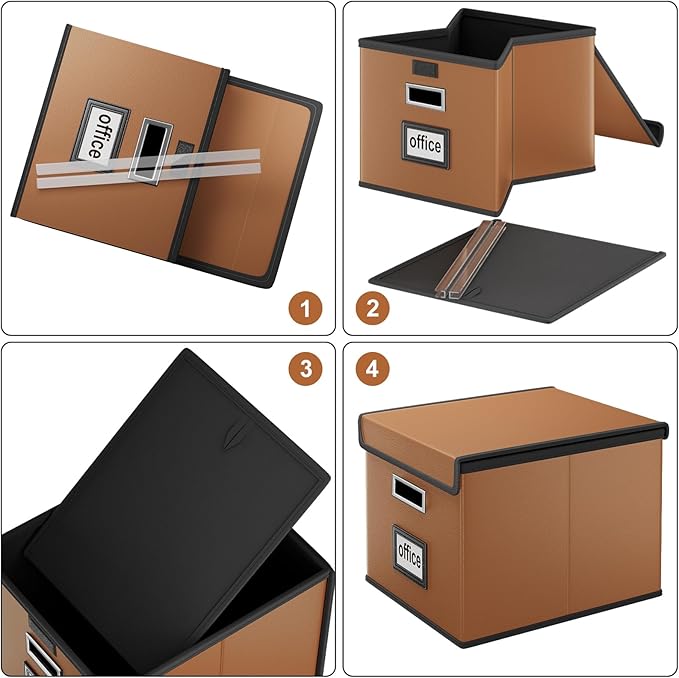 File Organizer Boxes with Lids, Collapsible Faux Leather Hanging File Folder Box Organizer with Plastic Slide, Decorative Home/Office Filing System Boxes for File and Folders Storage
