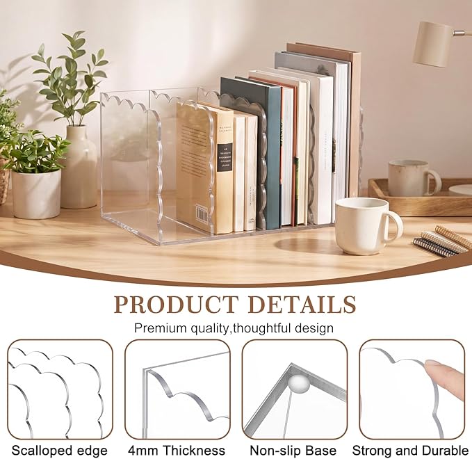 Suzile Scalloped Acrylic Magazine File Holder, 4-Compartment Clear Desk Organizer Vertical Bookends Organization for Office, Binders, Documents, Tablets, Magazines, Books(11.26 x 7.28 x 6.5 Inches)