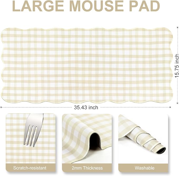 L-SPOUTTO Beige Checkered Mouse Pad,Scalloped Desk Mat XXL Large Geometric Gaming Mousepad,35.4x15.7in Non-Slip Rubber Base Keyboard Pad Waterproof Desktop Mat for Laptop Computer Game Home Office