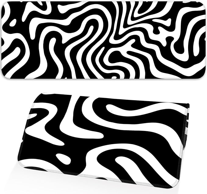 Gaming Mouse Pad, Non-Slip Rubber Bottom Stitched Edges, Suitable for Home, Office, Gaming, 31.5x11.8 Inch Large Mouse Pad, Black and White Abstract Waves