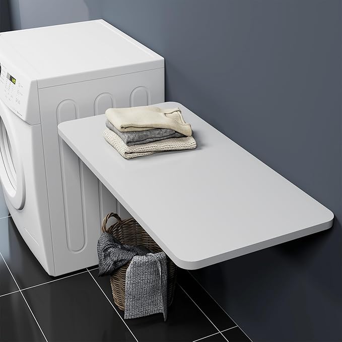 Neoaider Wall Mounted Folding Table 39.4”L x 19.7”W, Laundry Folding Table with Heavy Duty Metal Collapsible Shelf Brackets, Wall Mounted Desk Fold Down for Small Spaces, White