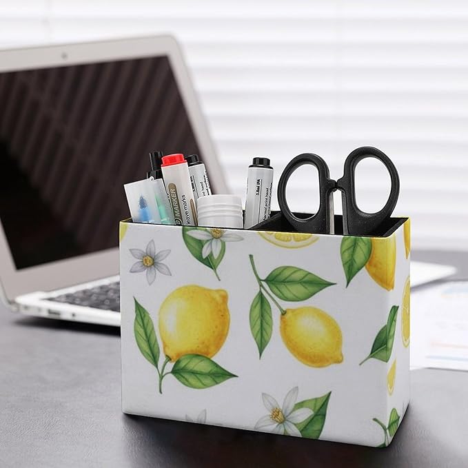 Square Pens Pencils Holder Cup Yellow Fruits Green Leaves Lemon Floral, Sleek and Sturdy Stationery Organizer