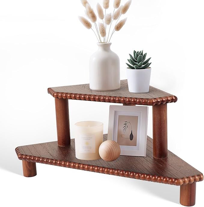 2-Tier Rustic Corner Shelf for Kitchen Counter,Wood Beaded Farmhouse Countertop Organizer with Removable Feet, Stackable Bathroom Vanity & Coffee Bar Decorative Riser Stand(Rustic Walnut)
