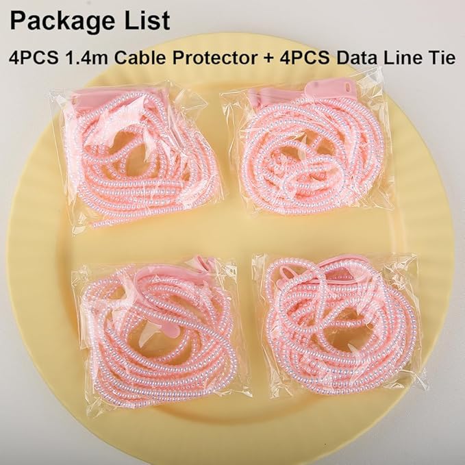 4pcs 1.6M(5.25FT) Spiral Cable Protector, Multicolor Suitable for Most Phone/Pad/Laptop USB Wire Cord Savers Protection Cover Anti-Break Wrap Charger Data Line Cables Sleeves, Laser Pink