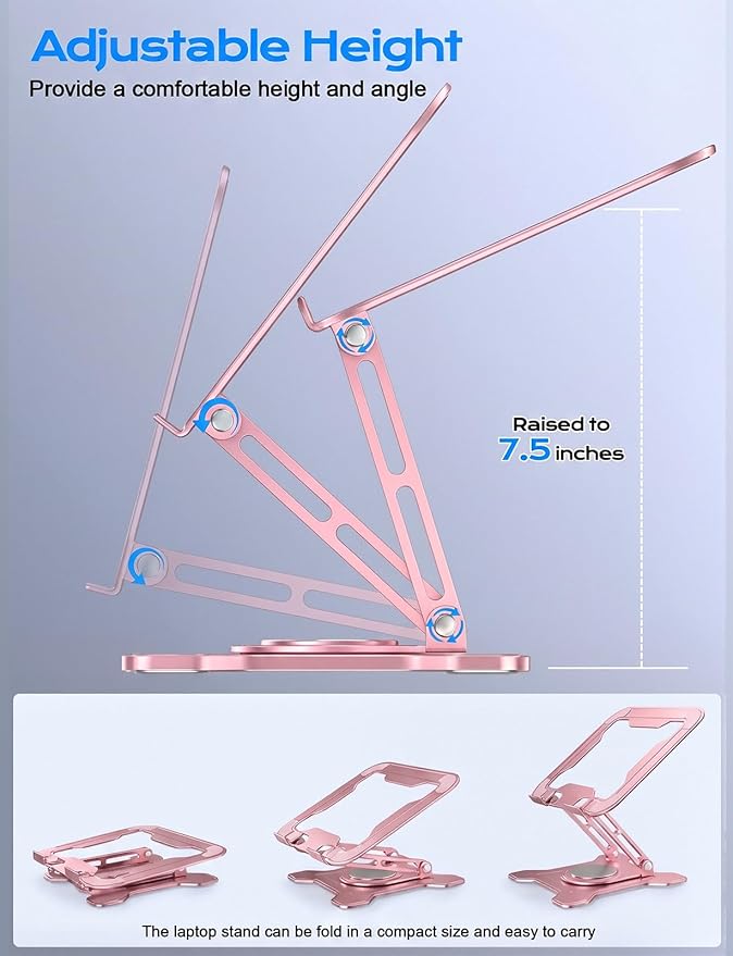 JCZT Adjustable Laptop Stand, 360° Rotating Base Ergonomic Computer Stand, Foldable Laptop Stand for Desk for Office Home Fits Compatible with MacBook Pro Air (10-16") - Pink