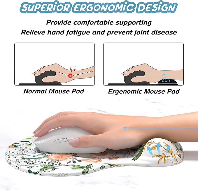 Hsurbtra Ergonomic Mouse Pad with Wrist Rest Support, Gel Mouse Pads with Non-Slip PU Base, Pain Relief Memory Foam Computer Mat, Cute Office Supplies Desk Decro Accessories, Orange Flowers