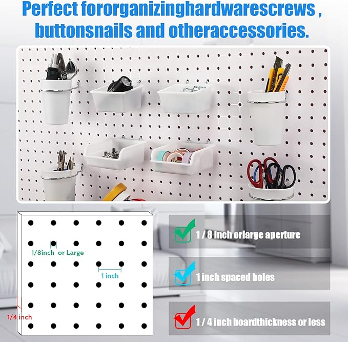 Roowest 60 Pcs Pegboard Cups Pegboard Bins Set, Wall Organizer with Hooks and Loops, Hooks Assortment Organizer Accessory for Office Storage Garage Craft Workshop(White)