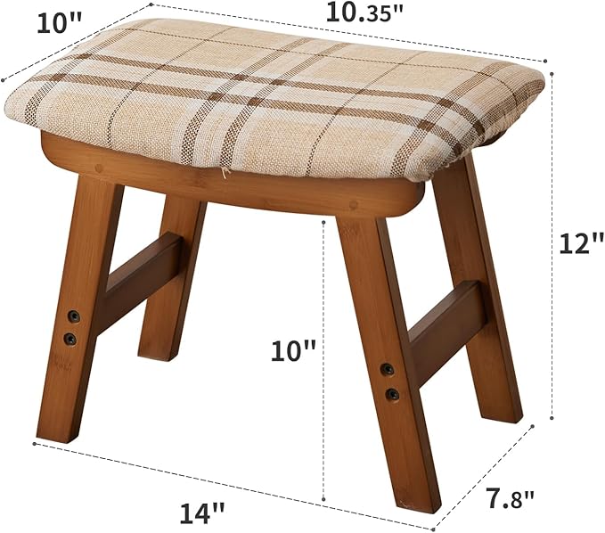 Kitsanery Foot Stool,Ottoman,Bamboo Small Sofa Foot Rest Under Desk,Extra Seating for Living Room, Bedroom and Kitchen (Brown Stool Legs - Stripes Surface)