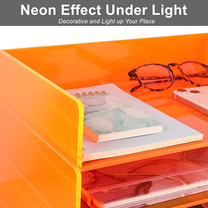 Gelite Acrylic File Organizer for Desk 4 Tiered Stackable Letter Tray Office Paper Storage Desktop Document Sorter, Neon Orange