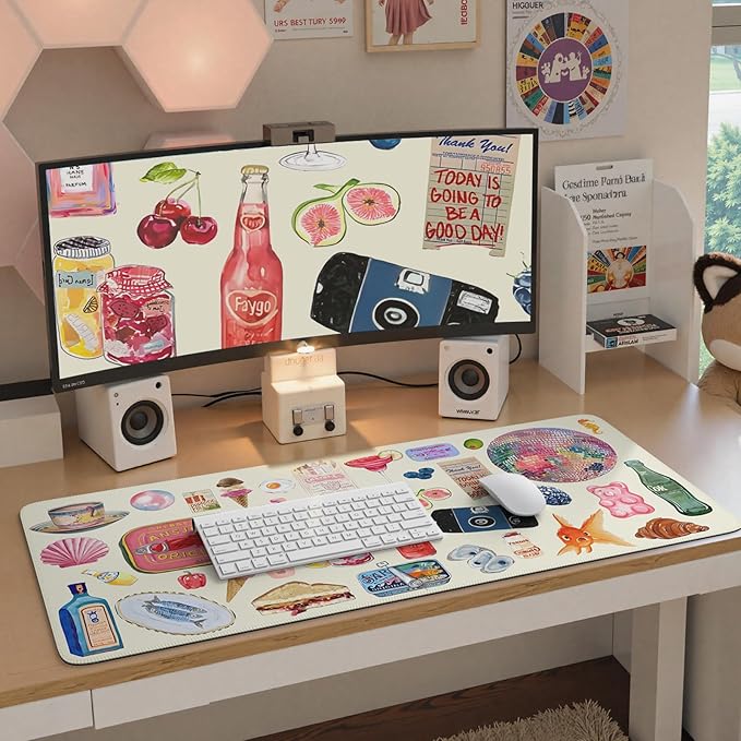 iCasso Cute Desk Mat, Large Waterproof Mouse Pad, Non-Slip Desk Protector for Keyboard and Mouse, Aesthetic Gaming Decor for Women, Home Office, Dorm (Watercolor Stickers)