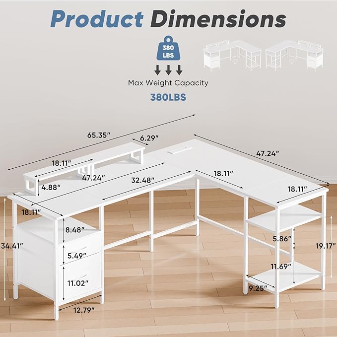DUMOS 62 Inch L Shaped Gaming Desk with Charging Station & 2 Monitor Stands, Computer Desk with Drawer & Adjustable Storage Shelves, Large Corner Desk for Home Office, Light White