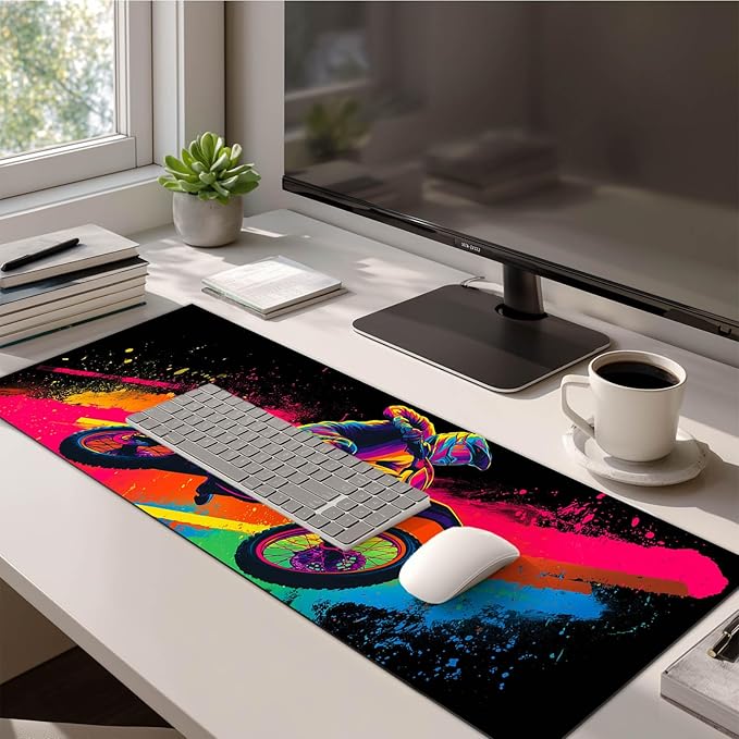 HOMETITUTE XL Desk Pad 31.5 x 11.8 Inch Neon Motorcycle Gaming Mouse Pad Large Extended Keyboard Mat Non Slip Computer Mouse Pads Waterproof Desk Mat for Office Home Gamer Accessories