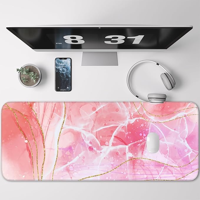 Pink Mouse Pad, Large Gaming Mouse Pad, Non-Slip Base and Stitched Edges, for Gaming, Home, Office, 31.5 x 11.8 Inch, Cute Desk Pad, Rose Gold Marble