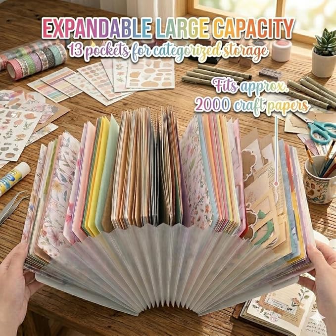 12x12 Scrapbook Paper Storage Organizer with 13 Expandable Pocket, Large Scrapbook Paper Storage for Craft Room Sticker Storage and Organization, Desktop Paper Holder (3 Pcs, Blue+Cream+Pink)