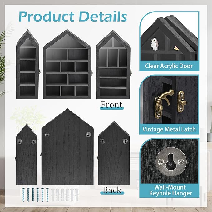 Ikee Design 3 Pcs Set Wall-Mounted House-Shaped Wooden Shadow Cubby Box Display Shelf with Door Storage Display Case for Collectibles, Trinkets, Mini Figures, Black Color, 21.1W x 3.1D x 14.8H in