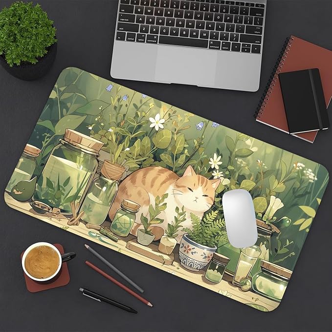 Cute Desk Mat, Kawaii White Cat Large Mouse Pad for Desktop, PU Leather Waterproof Desk Pad, Anti-Slip Computer PC Laptop Protector Gaming Mouse Pads for Office Home Decorations (27.5" x 13.8")