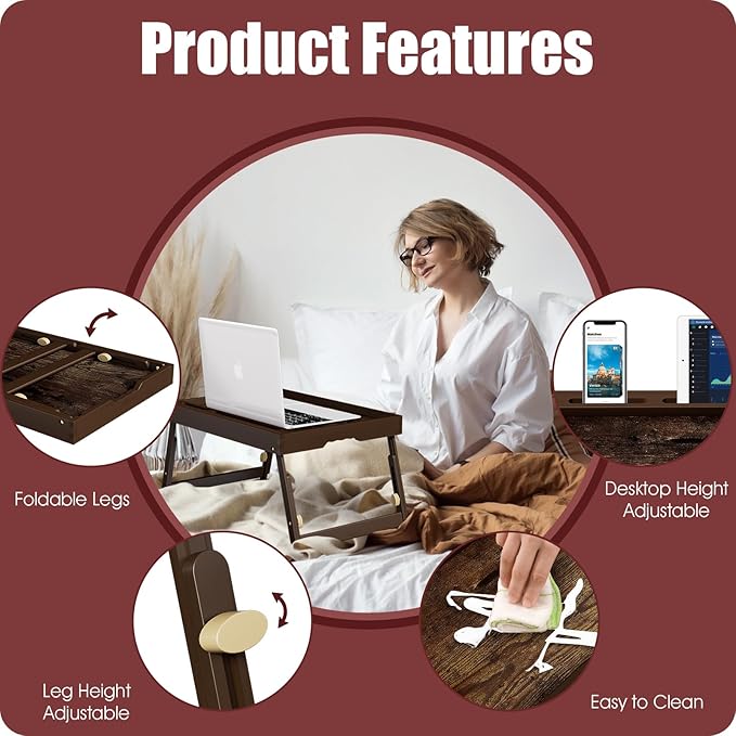 Bamboo Breakfast Tray with Telescopic Legs Tray with Foldable Legs and Removable Stand | Ergonomic Handle | Portable Bed Tray for Dining, Working, Laptop, Tablet and Phone，Vintage Walnut