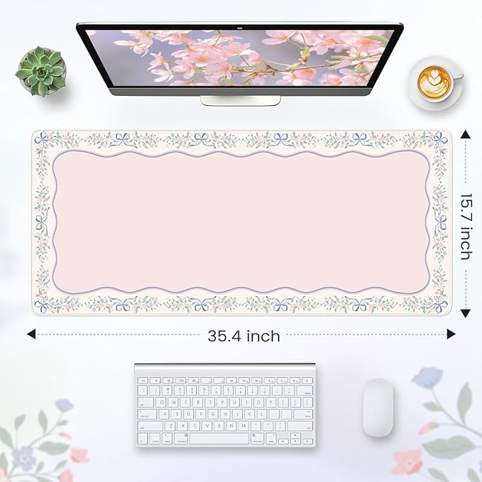 HAOCOO Cute Girly Computer Mat, Pink Bow XXL Mouse Pad for Gaming & Office, Non-Slip Waterproof Desk Matt for Desktop, Aesthetic Home Desk Accessories, Desk Pad Protector with Stitched Edges