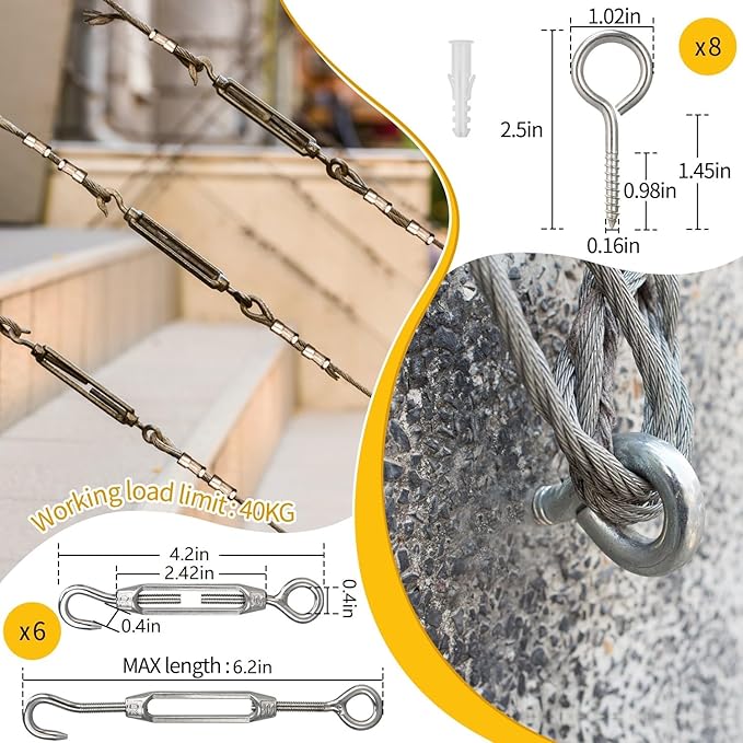Wire Rope Set, 328ft 1/16" Wire Rope Cable with 200pcs Crimping Sleeves 50pcs Thimbles 6pcs M4 Hook & Eye Turnbuckle and 8pcs Eye Screws for Railing, Decking, Hanging