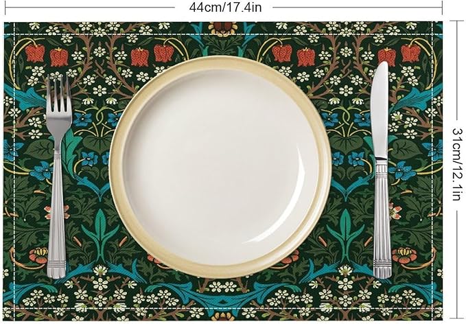William Morris Floral Placemats Vintage Flower Art Style Boho Chic Retro Floral Linen Washable Table Mats Stain Heat-Resistant Desktop Decor Place Mats for Home Kitchen Dining Party 12x18 in 6 Pcs