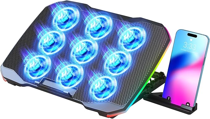 AIMIUZI Laptop Cooling Pad, Gaming Laptop Cooler with 9 Quiet Fans, Laptop Cooling Stand for 12-17 Inch, Laptop Computer Fan with 5 Height Adjustable,2 USB Ports,1 Phone Stand